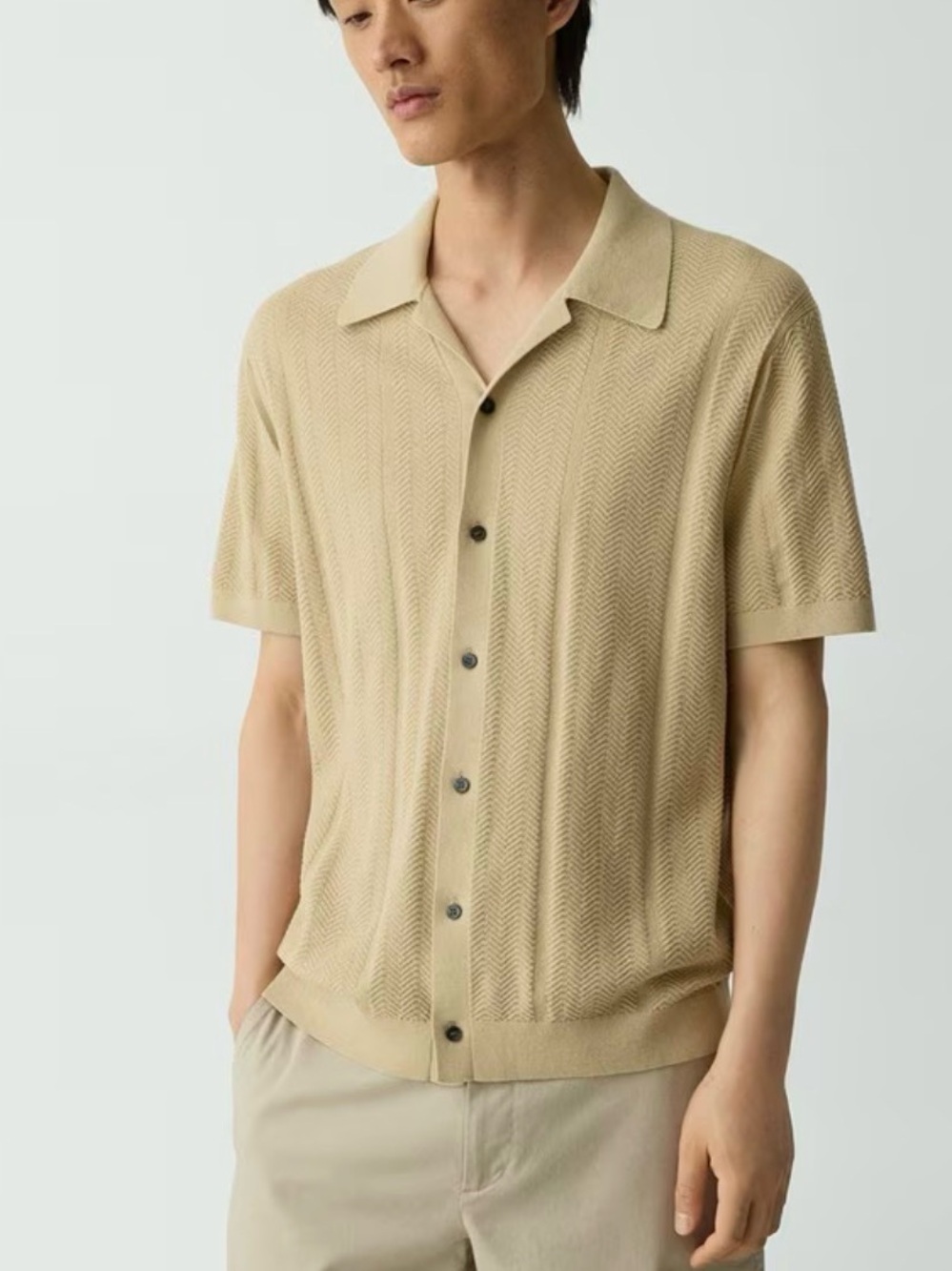 Light Tan Short Sleeve Button-Up Knit Shirt